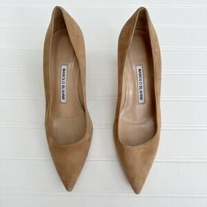 Manolo Blahnik BB Suede Pumps Tan Nude Pointed Toe Kitten Heel 50mm Size 37